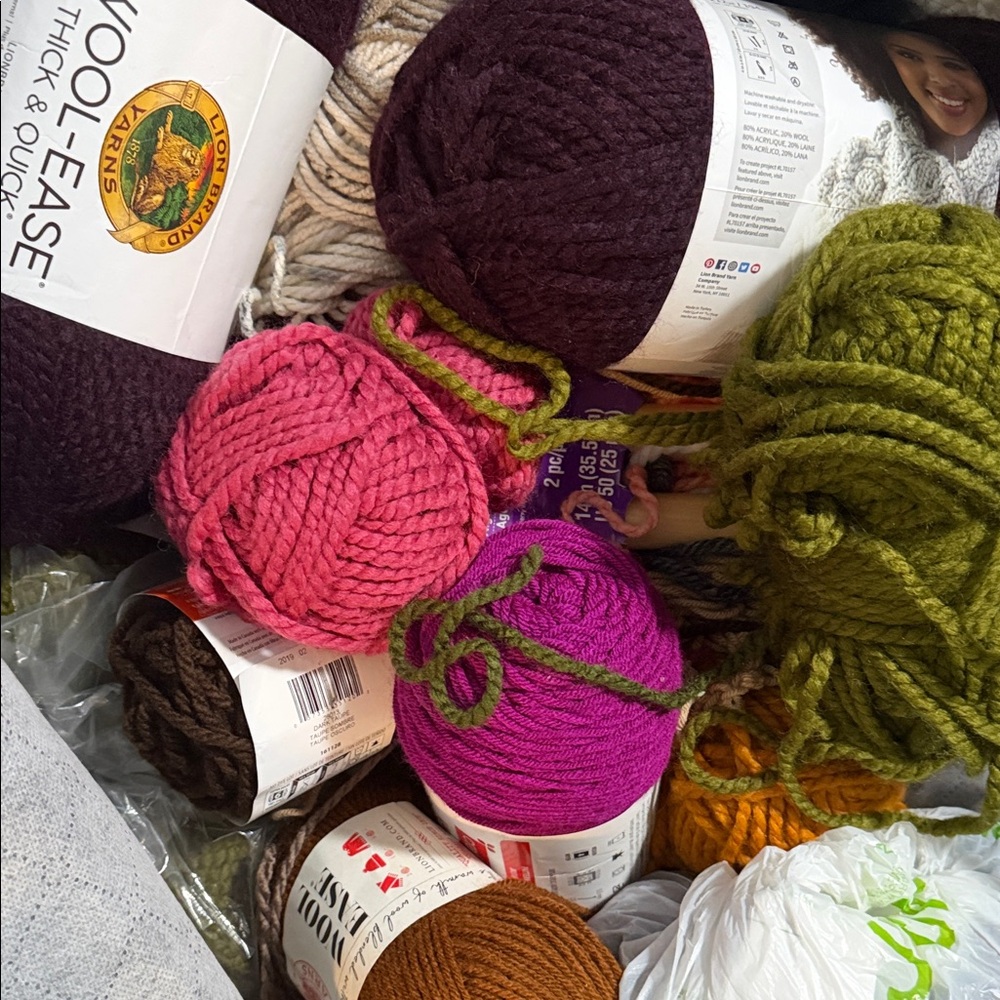 Lion Brand Wool-Ease Chunky Yarn Bundle - Bright Pink, Magenta, Olive & Brown